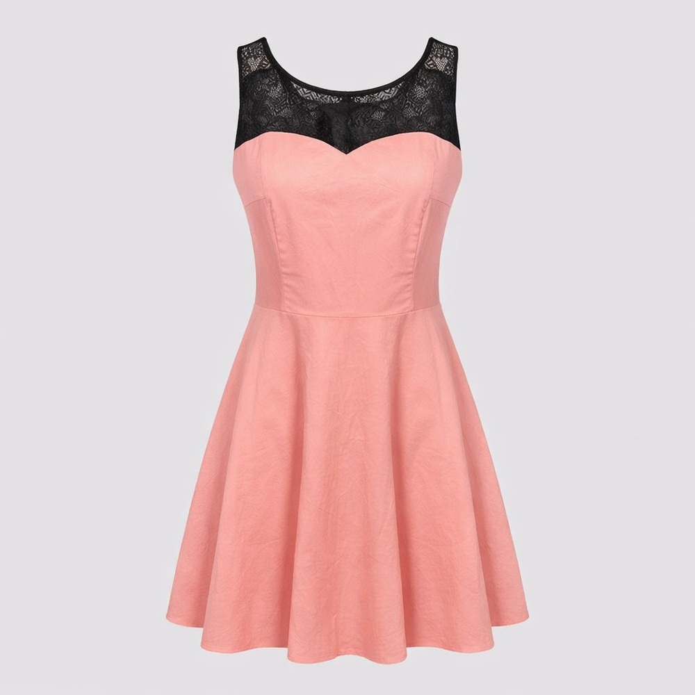 Pink Black Lace Fit Flare Pin Up Dress Medium